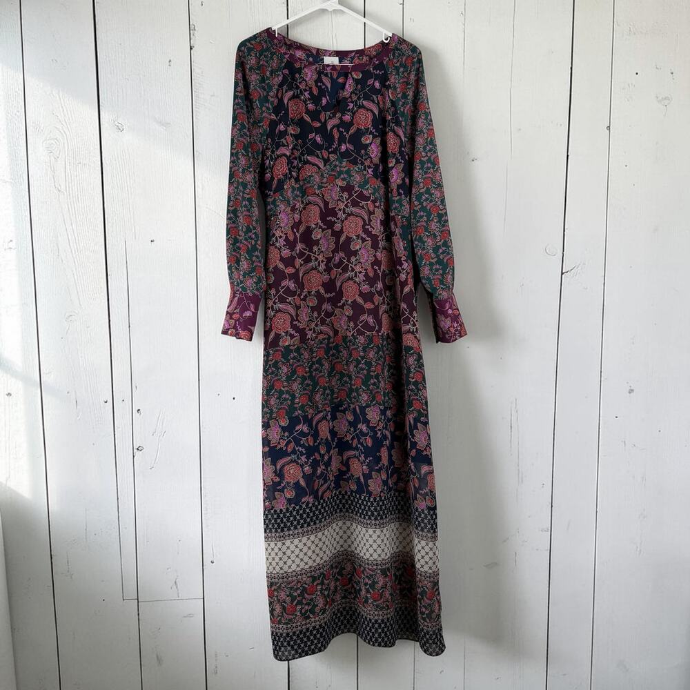 CAbi Floral Patchwork Border Maxi Dress Long Sleeve Lined Women's Medium